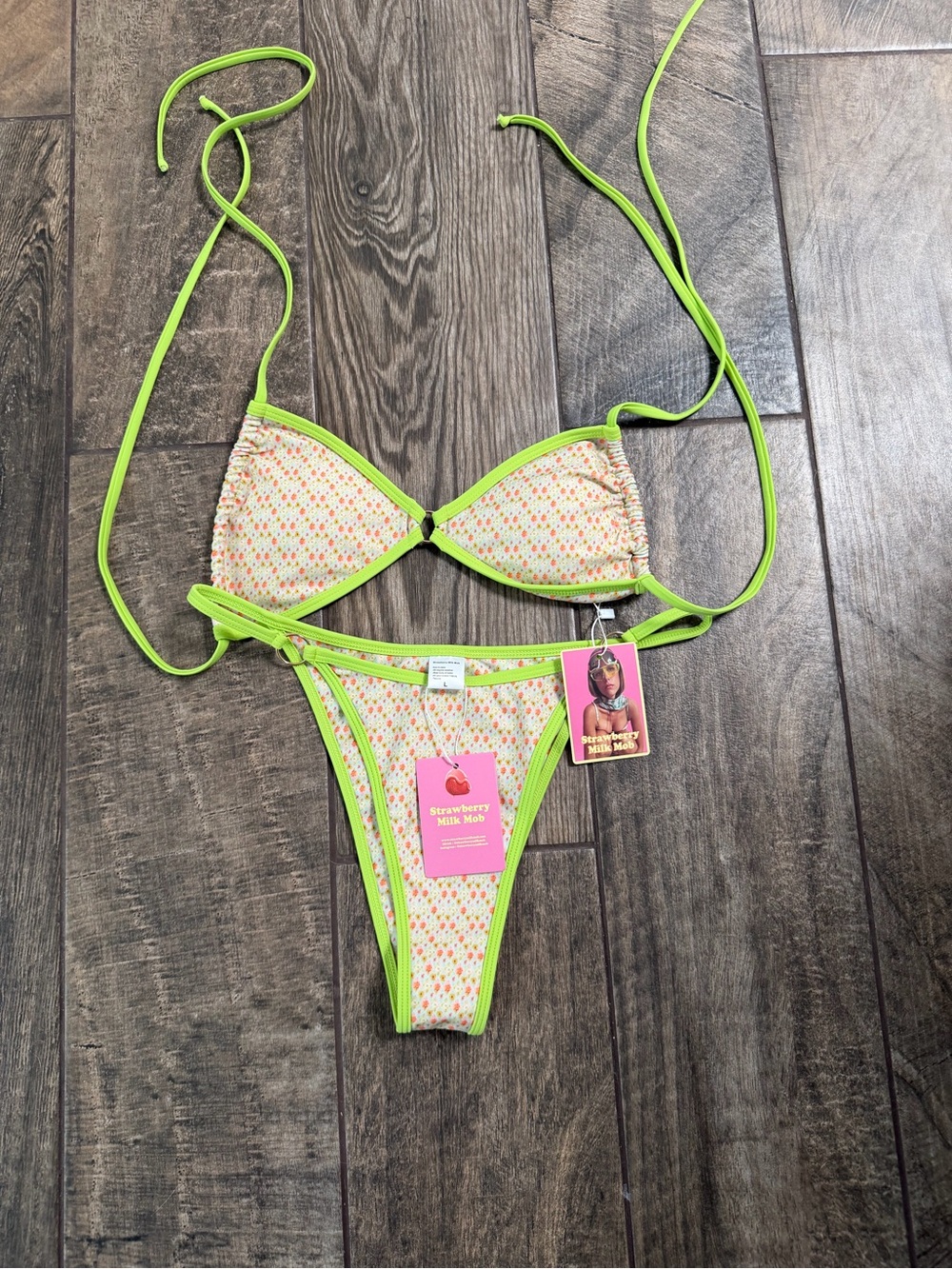 Strawberry Milk Mob Cream Floral Bikini with Neon Green Trim